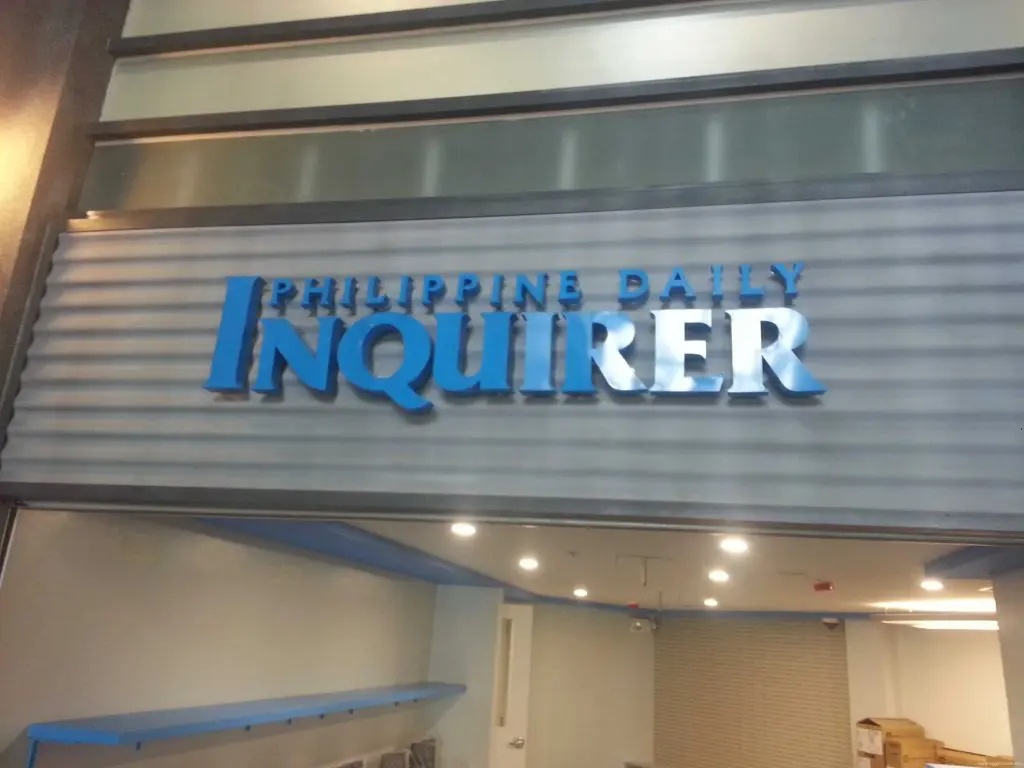 PHILIPPINE DAILY INQUIRER wall signage in blue and white, office lobby, Makati location by M&G Global Ads.