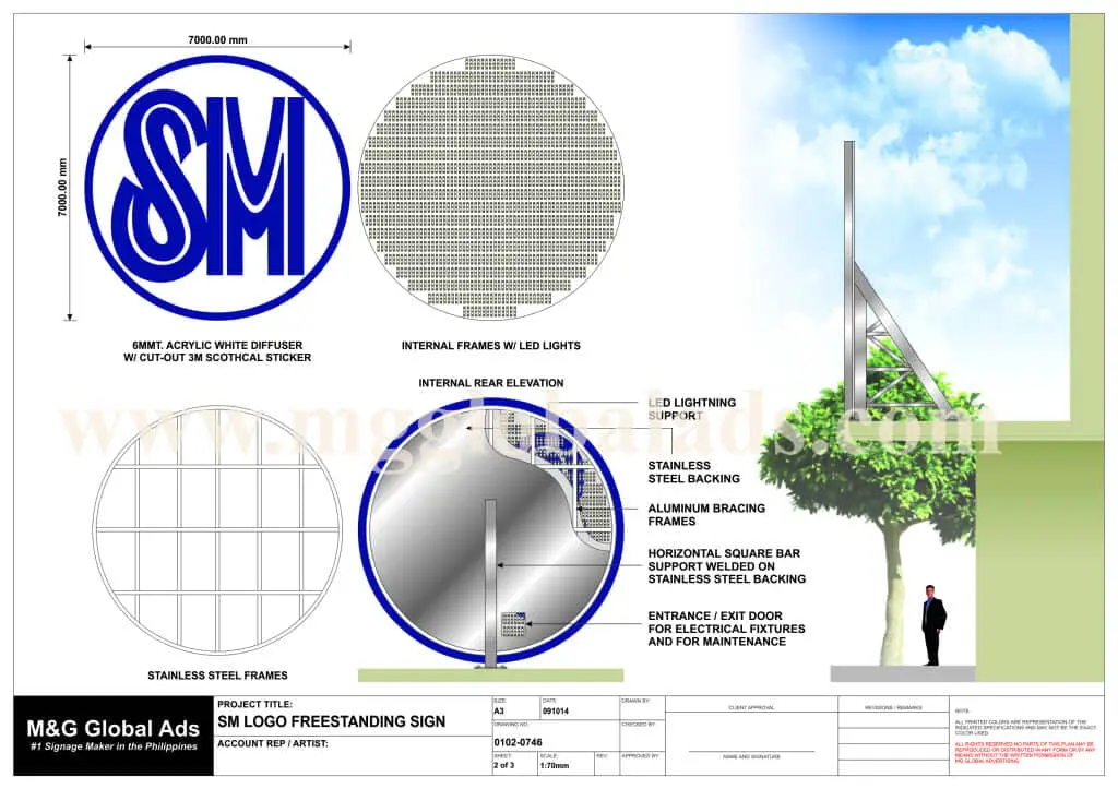 Freestanding SM logo outdoor signage technical drawing in Makati with detailed framing, lighting, specs by M&G Global Ads.