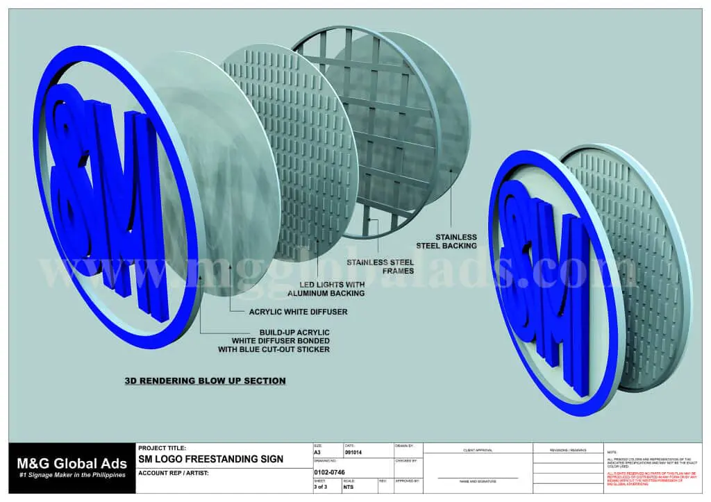3D exploded channel letters signage for M&G, blue letters, acrylic, lighting details shown, Ortigas—by M&G Global Ads.
