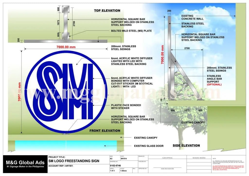 Freestanding SM logo signage diagram with design specs and dimensions in Quezon City by M&G Global Ads.