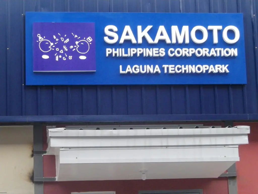 Outdoor signage for SAKAMOTO PHILIPPINES CORPORATION in Laguna Technopark, Makati, by M&G Global Ads.