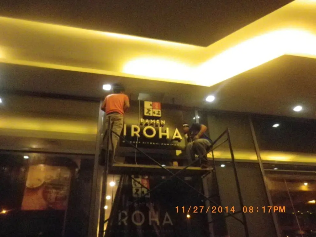 Acrylic restaurant signage for Ramen Iroha by Chef Kiyoshi Kurihara, made in Makati workshop by M&G Global Ads.