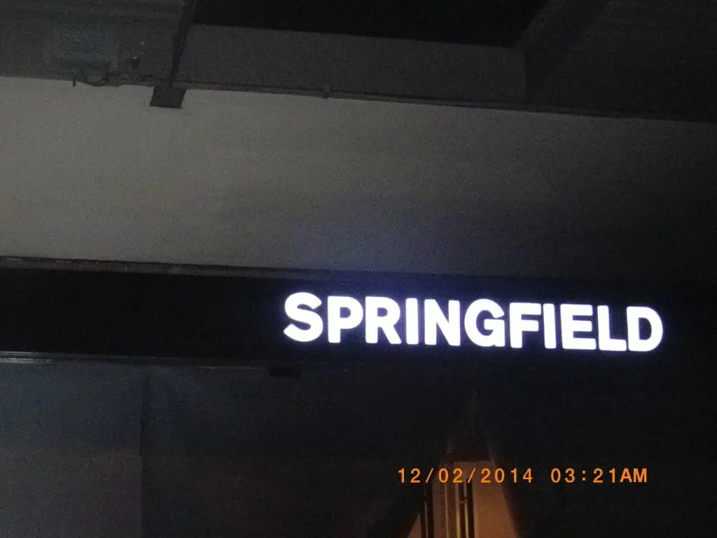 LED signage SPRINGFIELD display in Makati, date 12/02/2014 03:21AM, night view by M&G Global Ads.