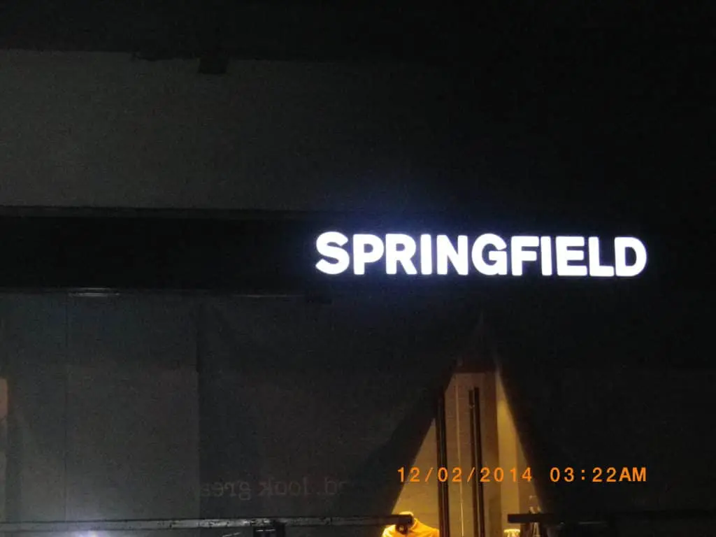 Illuminated SPRINGFIELD LED outdoor signage at night with timestamp in Makati, quality signage by M&G Global Ads.