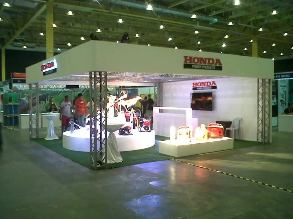 Indoor booth signage for Honda Power Products at exhibition in Makati, featuring engines, generators by M&G Global Ads.