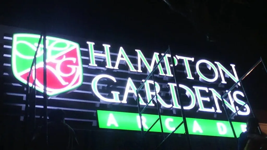 Isometric LED building signage for Hampton Gardens Arcade in Quezon City, construction details and H logo by M&G Global Ads.