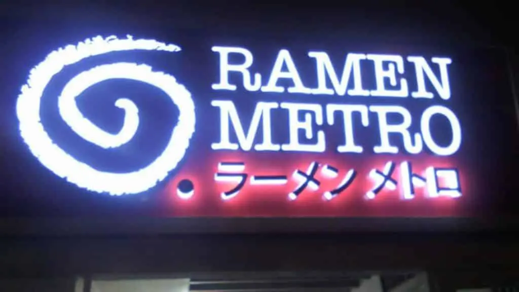 LED signage for ramen restaurant RAMEN METRO with spiral and Japanese text in Makati, by M&G Global Ads.