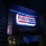PUREFOODS LED signage for R&D CENTER at night in Mandaluyong, with EXIT sign nearby, by M&G Global Ads.
