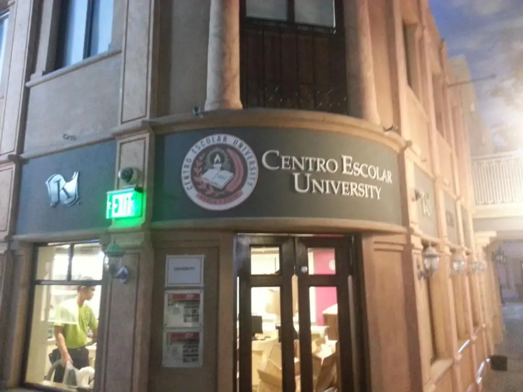 Centro Escolar University outdoor building signage and seal, Quezon City location, by M&G Global Ads.