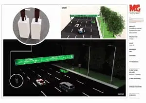 Overhead green LED road signage design simulation in Mandaluyong, day and night views, support close-ups, by M&G Global Ads.