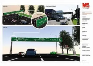 Acrylic directional overhead signage for casino routes in Makati, multi-lane street scene, by M&G Global Ads.