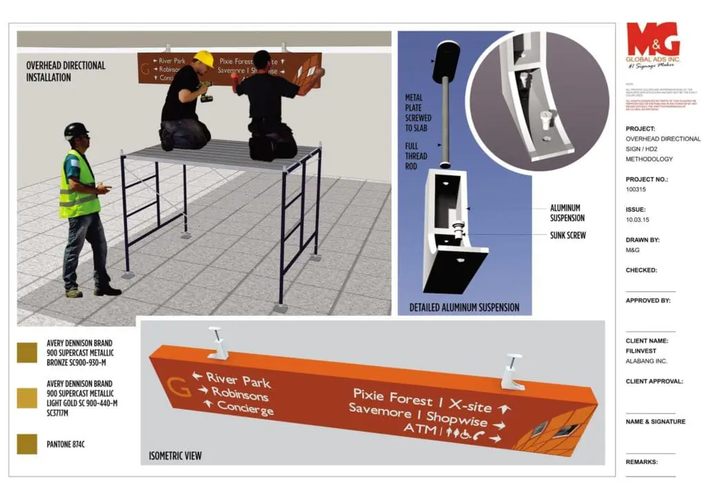 Acrylic overhead indoor signage installation with mounting hardware close-up in Makati, by M&G Global Ads.