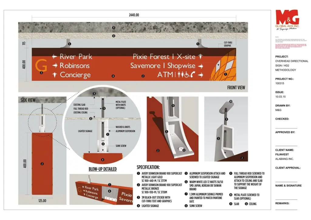 Acrylic indoor signage technical drawing for M&G Global, top/side/front views, Ortigas branch specs by M&G Global Ads.