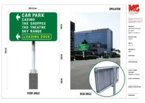 Directional metallic hotel signage for Car Park, Casino at Mandaluyong, with rear view inset, by M&G Global Ads.