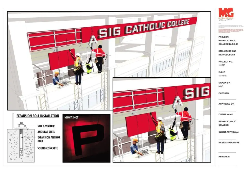 Building LED signage installation for SIG Catholic College in Quezon City with expansion bolts, LED letter P by M&G Global Ads.