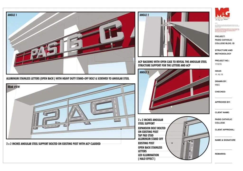 LED building signage proposal for PASC, 3D letters on red and white, technical layout in Ortigas by M&G Global Ads.