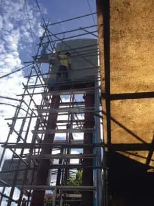 Global Ads Inc. office building signage logo, metallic gray on white, concept design fabrication text, Makati. By M&G Global Ads.