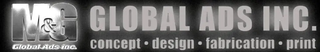 Acrylic indoor signage logo with “concept • design • fabrication • print” tagline, dark background, Quezon City by M&G Global Ads.