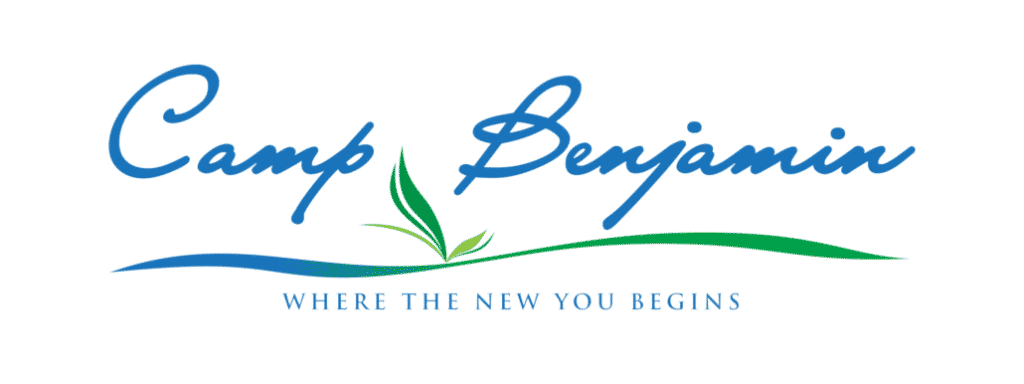 Camp Benjamin metallic indoor signage logo, blue green waves, sprouting plant, Makati. Text: WHERE THE NEW YOU BEGINS by M&G Global Ads.