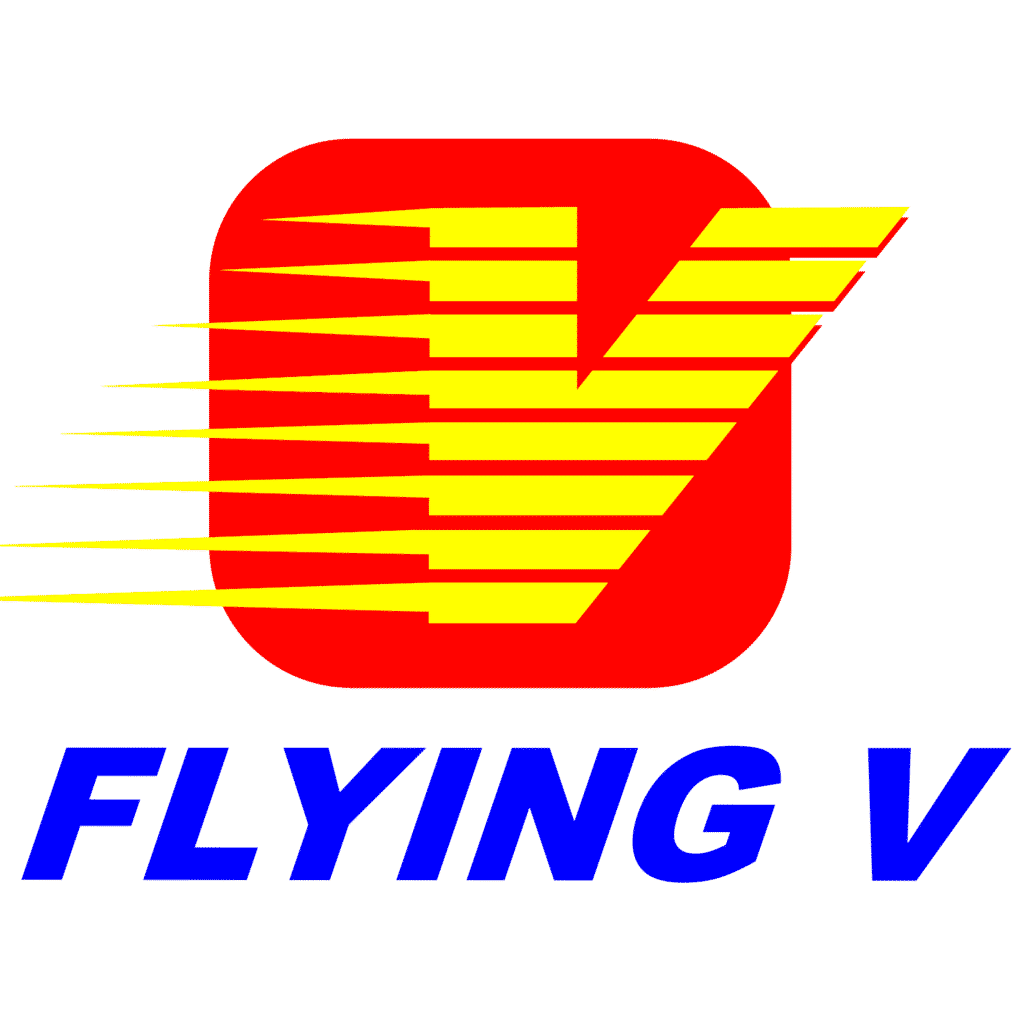 Indoor signage for FLYING V features a yellow V in red with speed lines, blue text, light gray background in Makati by M&G Global Ads.