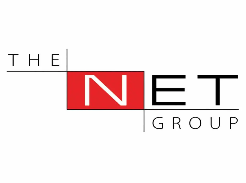 Indoor metallic signage for The Net Group logo, white N in red box, Ortigas location, by M&G Global Ads.