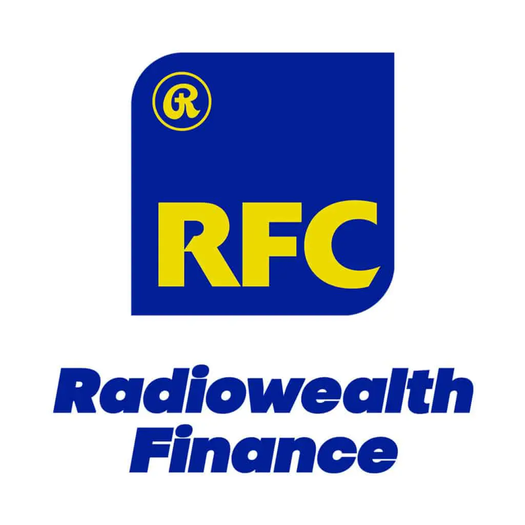 Radiowealth Finance indoor LED signage for RFC logo in Makati, blue square with yellow letters, by M&G Global Ads.