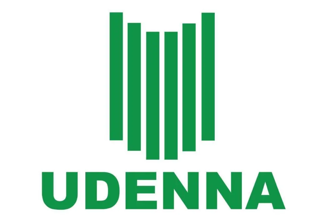 Acrylic indoor Udenna signage with five green bars and UDENNA text on white in Makati, by M&G Global Ads.