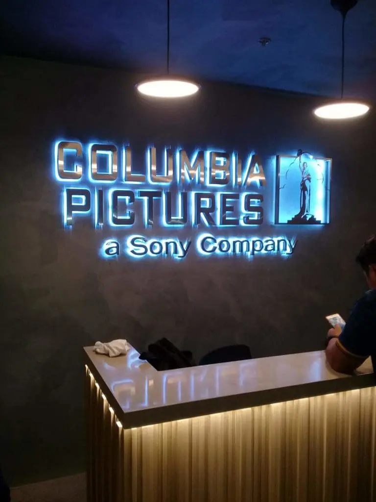 Columbia Pictures metallic indoor signage, a Sony Company, at reception desk in Quezon City. Signage by M&G Global Ads.