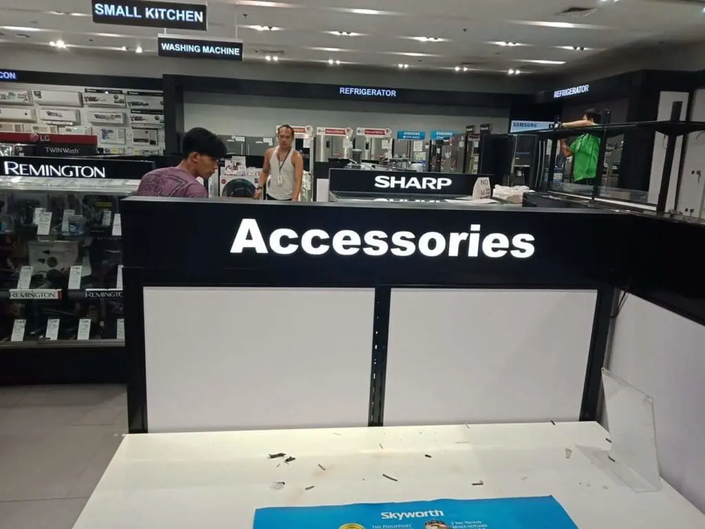 Illuminated acrylic Accessories signage in appliance store, Quezon City, with Small Kitchen, Washing Machine signs by M&G Global Ads.