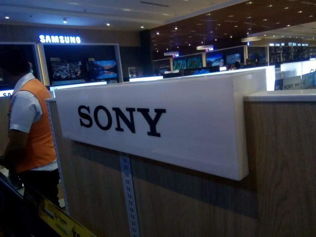 Sony LED signage at electronics store in Quezon City, with Samsung section in background. Installed by M&G Global Ads.