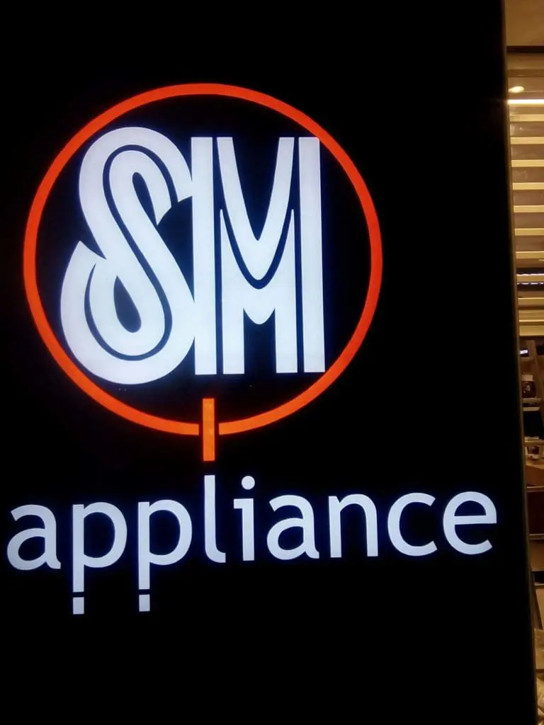 Outdoor SM Appliance store signage, metallic with SM logo, orange circle, and appliance in Makati by M&G Global Ads.