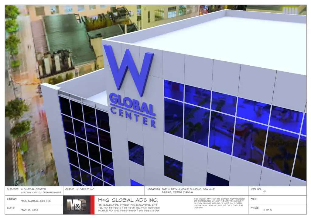 Acrylic building signage for W GLOBAL CENTER in BGC, Metro Manila, with glass windows—project by M&G Global Ads.