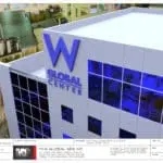 Acrylic building signage for W GLOBAL CENTER in BGC, Metro Manila, with glass windows—project by M&G Global Ads.