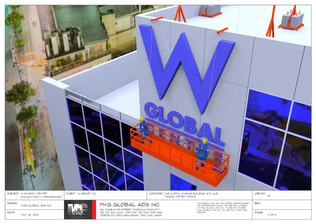 Installing W GLOBAL stainless steel building signage on glass exterior in BGC, two workers in safety gear by M&G Global Ads.