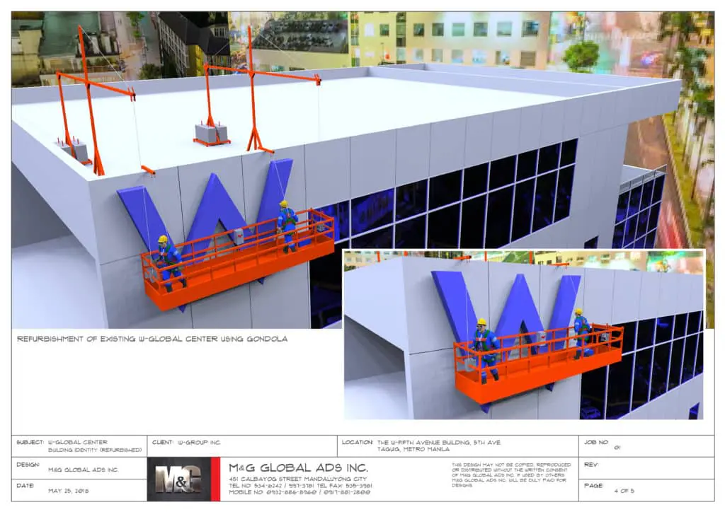 Workers refurbishing blue channel letter signage on a white building in Ortigas. Cityscape background. By M&G Global Ads.