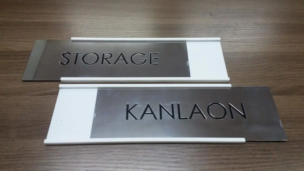 Building signage, STORAGE and KANLAON metallic signs, rectangular with white borders in Makati by M&G Global Ads.