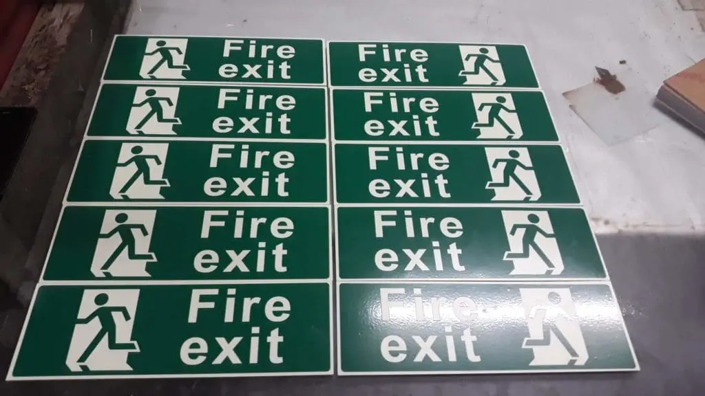 Indoor fire exit signage with white text and stairs icon, 10 pcs, in Mandaluyong by M&G Global Ads.