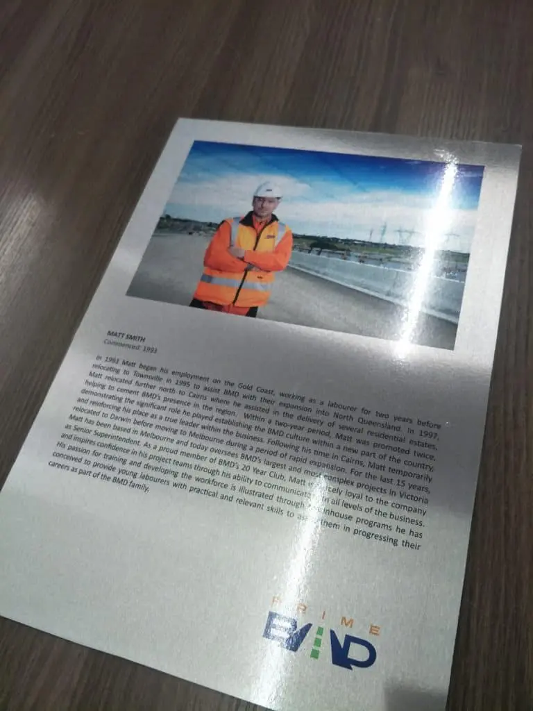 Metallic signage for BMD, biography of Matt Smith with logo and safety gear, on glossy print in Makati by M&G Global Ads.