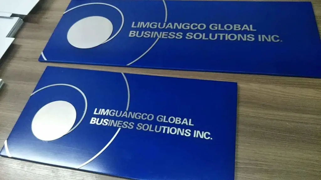 Acrylic office signage for LIMGUANGCO GLOBAL BUSINESS SOLUTIONS INC. in Ortigas, blue with logo, by M&G Global Ads.