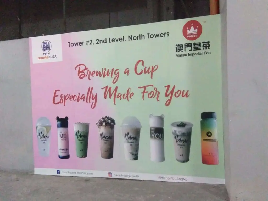 Acrylic signage for Macao Imperial Tea, eight tea drinks, slogan seen in Quezon City. Made by M&G Global Ads.