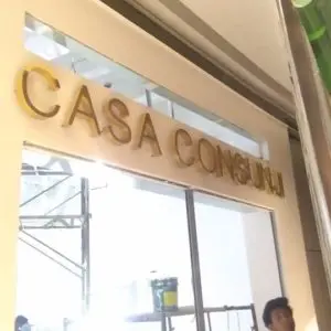 Outdoor metallic storefront signage for CASA CONSUN in gold letters, Makati location, by M&G Global Ads.