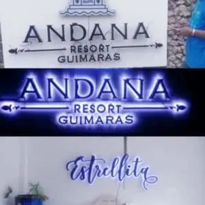Metallic outdoor ANDANA RESORT GUIMARAS signage and Estrellita cursive sign in Makati by M&G Global Ads. Person’s arm partly seen.