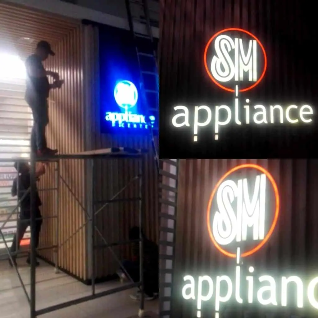SM Appliance outdoor LED signage installation in Quezon City, with illuminated logo and text, by M&G Global Ads.