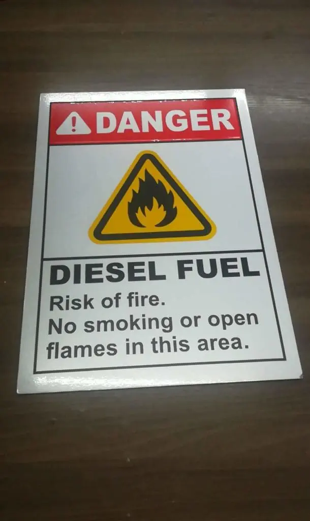 Diesel fuel danger safety sign for buildings, with fire warning icon, Mandaluyong location by M&G Global Ads.