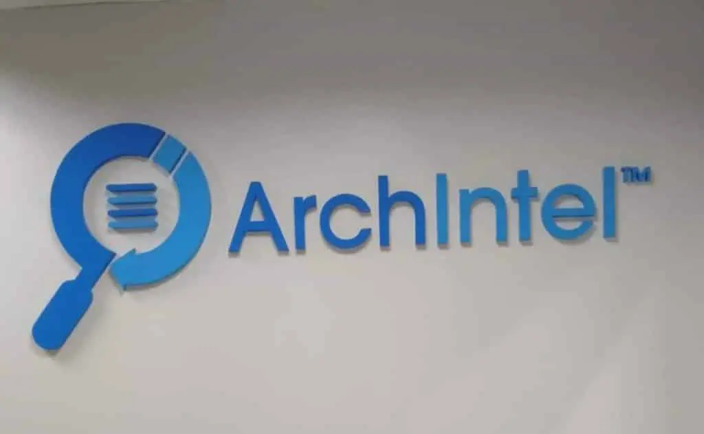 ArchIntel indoor office signage in blue, displayed on a light wall in Makati, by M&G Global Ads.