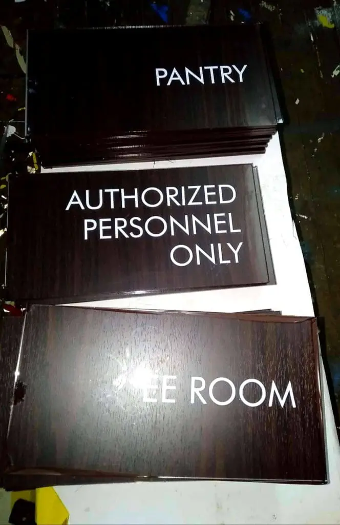 Metallic indoor office signage, PANTRY and AUTHORIZED PERSONNEL ONLY, stacked in Makati by M&G Global Ads.