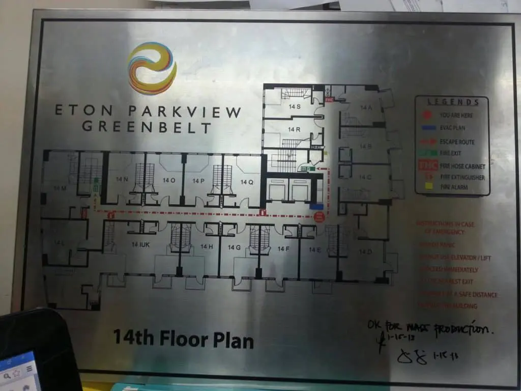 LED building signage floor plan for Eton Parkview Greenbelt, showing routes and fire exits, Makati location by M&G Global Ads.