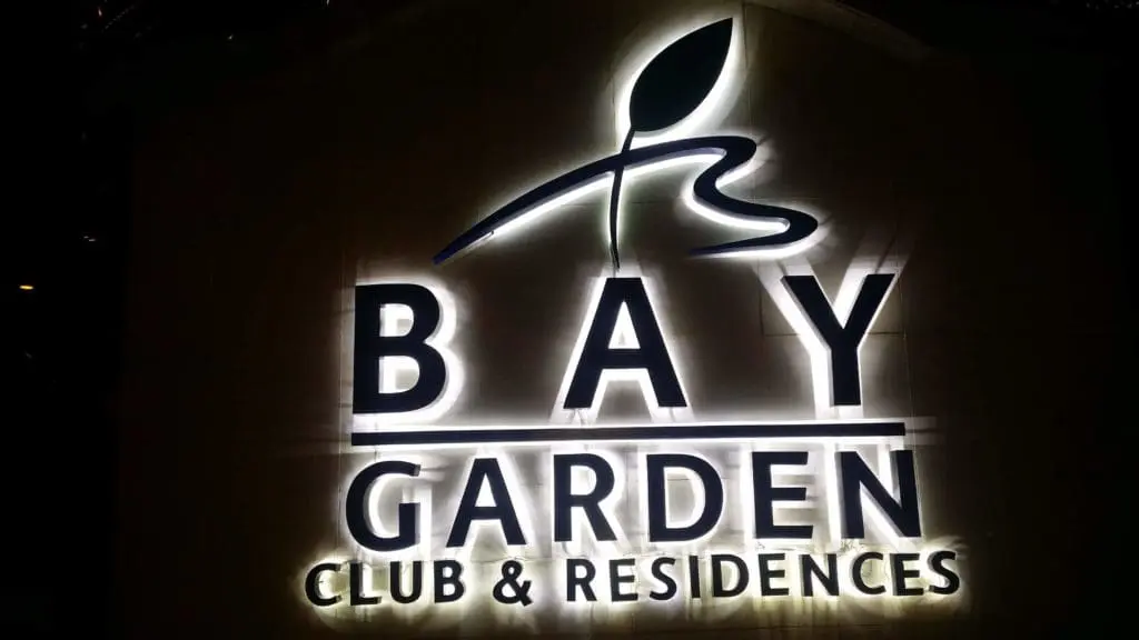 Illuminated LED signage for Bay Garden Club & Residences in Pasig with stylized leaf logo by M&G Global Ads.