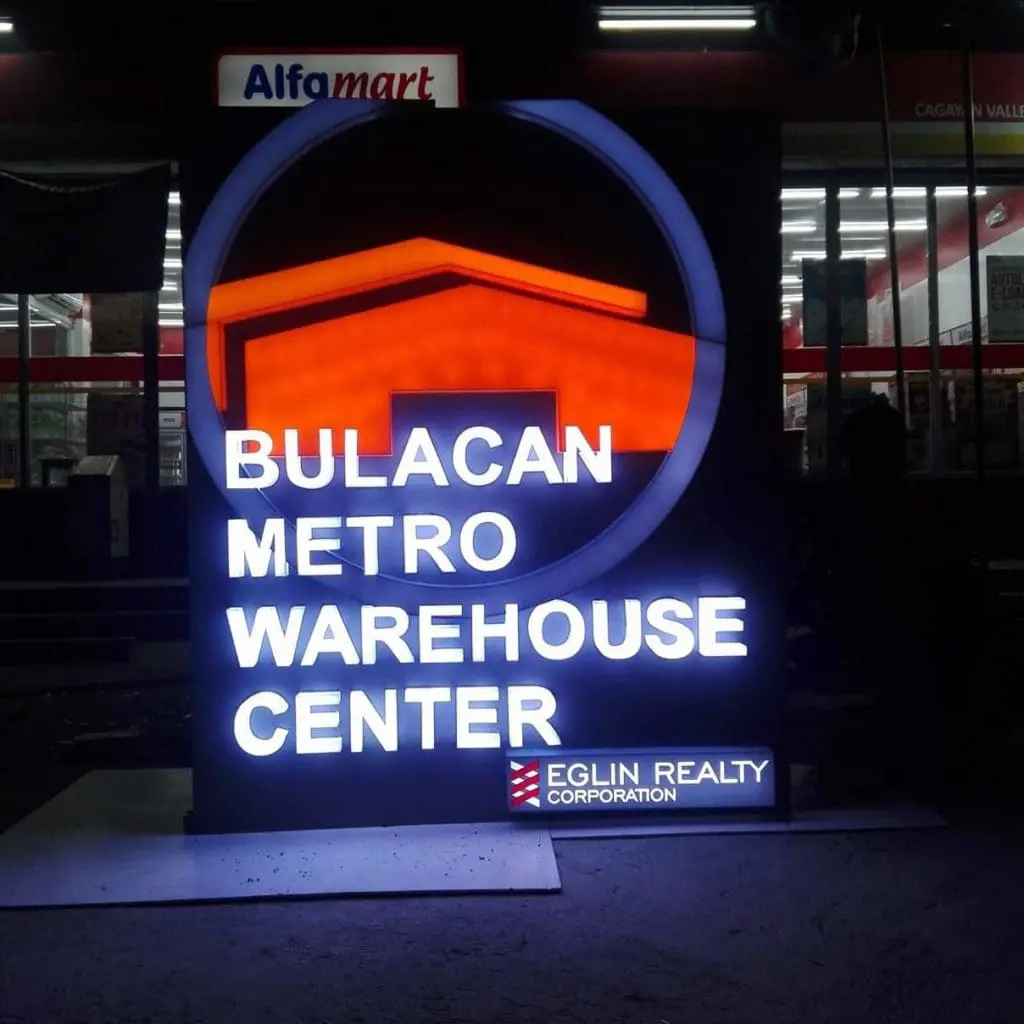 Illuminated LED signage for Bulacan Metro Warehouse Center and Eglin Realty Corp in Quezon City by M&G Global Ads.