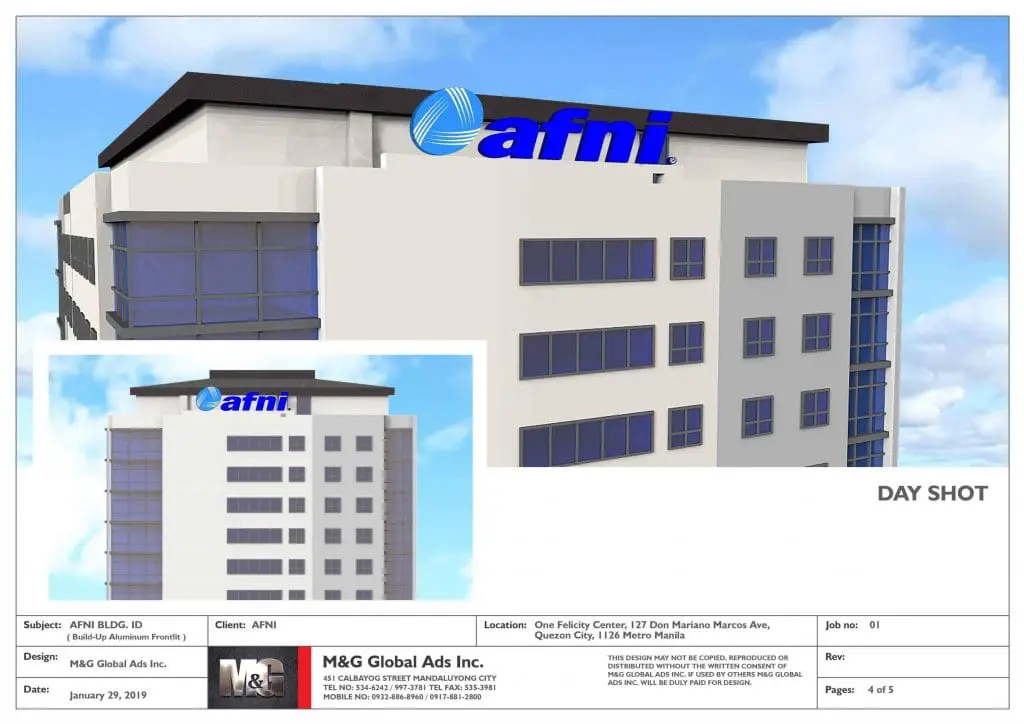 Afni acrylic building signage on a modern office in BGC, Metro Manila; inset shows second angle. By M&G Global Ads.